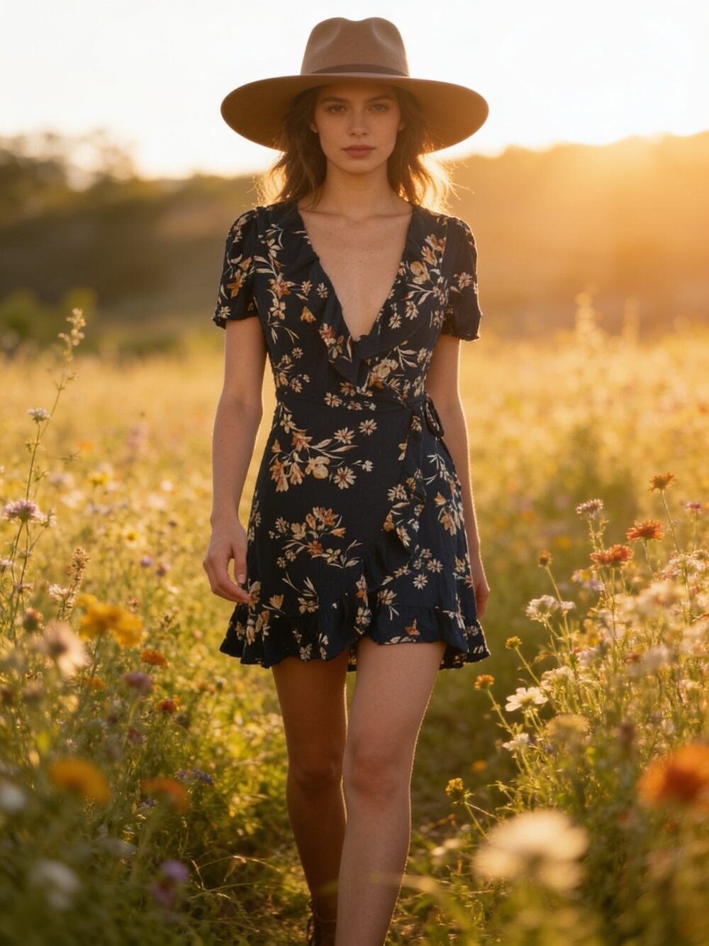 Ivy + Main Navy Floral Faux Wrap Ruffle V-Neck Mini Dress - Size S